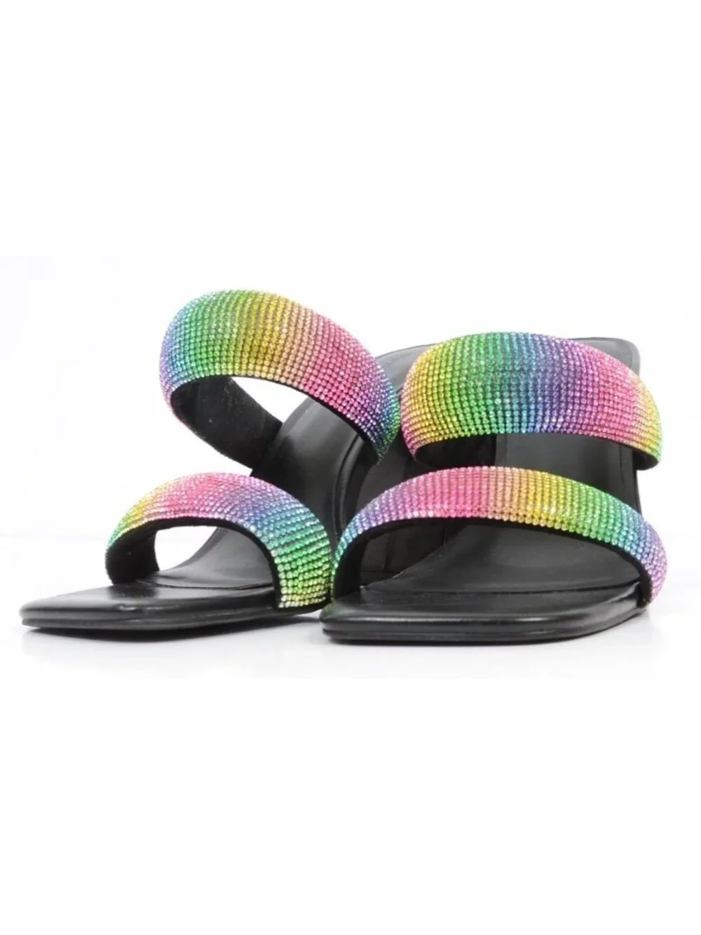 Open Edit Sasha Women‎ 9.5 Black Rainbow Rhinestone Sandal Chunky Flared Heels